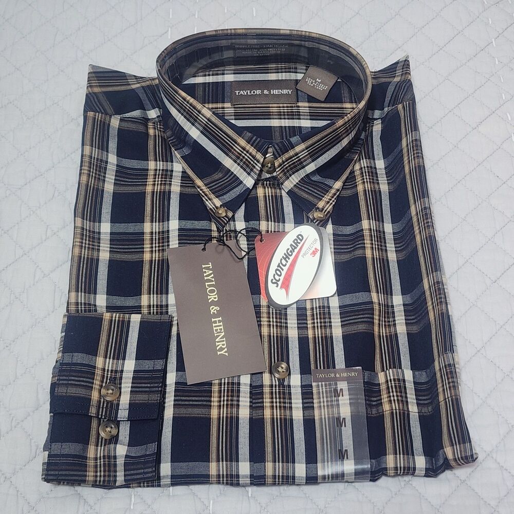 Taylor & Henry Men's Medium Plaid Long Sleeve Button-Up Shirt with Scotchgard